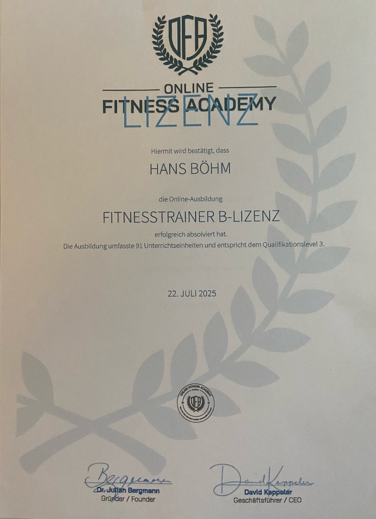 Zertifikat Fitnesstrainer B-Lizenz – Online Fitness Academy, Hans Böhm, 22. Juli 2025